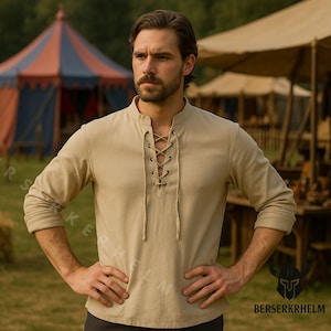 Medieval Lace Up Shirt Linen Cotton Blend Ren Faire Viking Tunic Men Costume