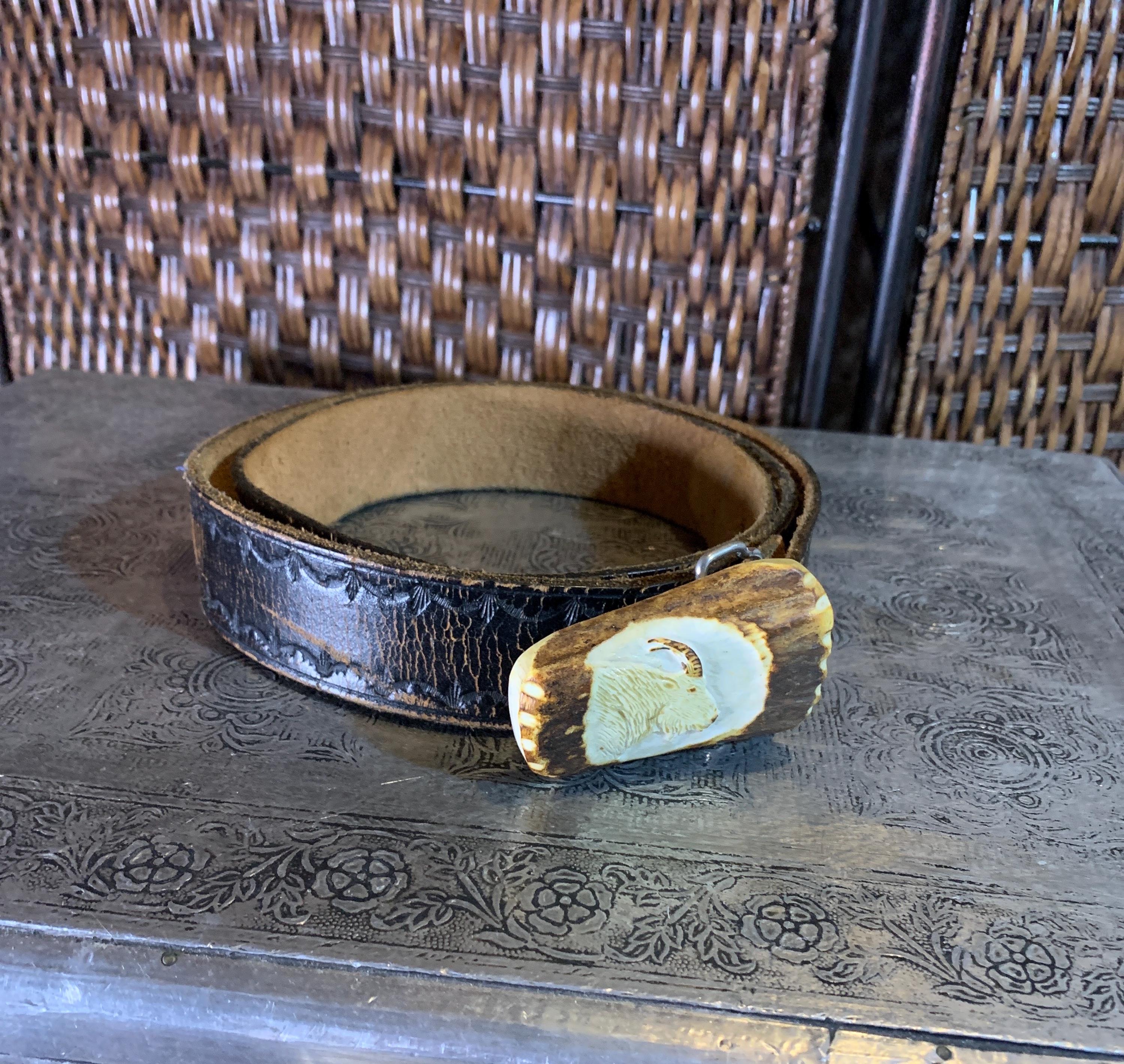 Vintage Leather Belt With Carved Bone Buckle - Etsy display picture 2