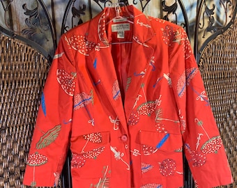 Vintage Jones NY Bright Red Umbrella Print Blazer Size 6