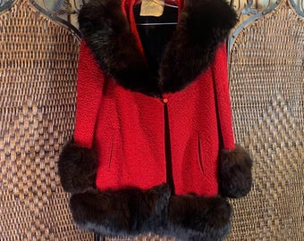 Vintage Lari Red Coat with Fur Trim Size M/L