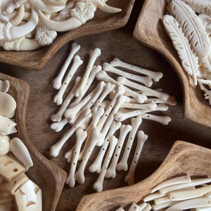 May include: A collection of off-white bone-shaped beads scattered in the centre, surrounded by wooden bowls containing various other shapes of off-white beads, including claw-shaped, feather-shaped, and flat geometric pieces.