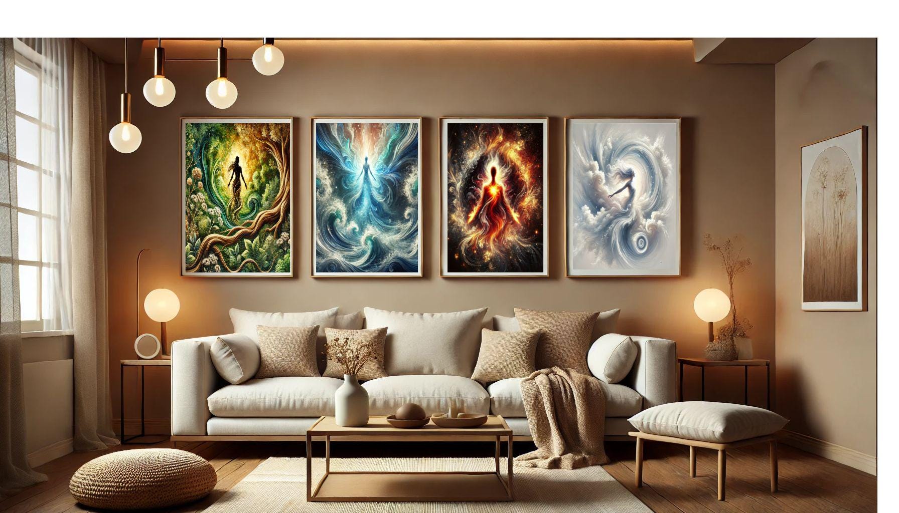 4 Element Wall Art Set | Boho Earth, Air, Fire, Water Prints | Digital Download | Mystical Nature Decor