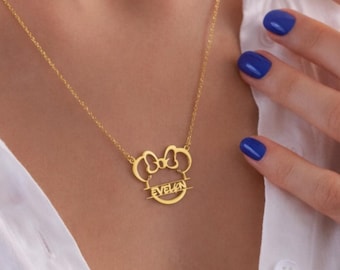 Custom Minnie Head Necklace with Name Custom Minnie Mouse Name Necklace, Dainty Pendant, Disneyland Minnie Vacation Gift Mickey Head Jewelry