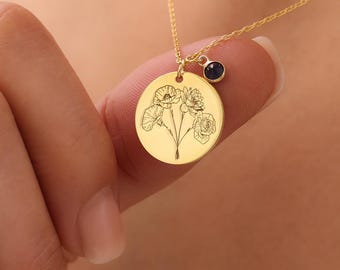 Collier famille disque bouquet de fleurs de naissance, pendentif fleur de naissance gravé, cadeau fête des mères, fleur de naissance familiale avec collier de pierres de naissance