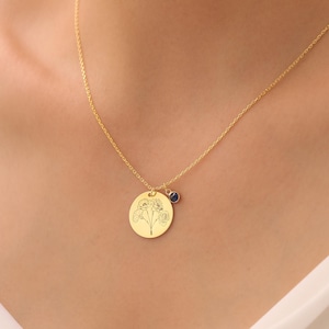 Family Bouquet Flower Necklace with Birthstone Combined BirthFlower Birth Month Flower Necklace, Engraved Unique Family Mother Gift Birthday
