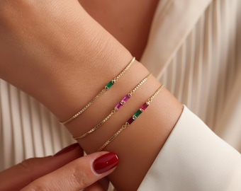 14K Gold Birthstone Bracelet, Baguette Family Birthstone Necklace, Birthstone Bracelet for Women,Christmas Gift for Grandma,Mothers Day Gift