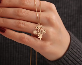 Geboorte bloem boeket ketting, familie geboorte bloemenketting, gepersonaliseerd sterlingzilver familiecadeau, geboortemaand bloemenhanger, oma cadeau