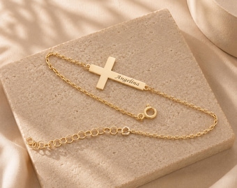 Dainty Cross Name Bracelet 14K Gold Cross Bracelet Personalized Cross Bracelet for Women Baptism Gift Girl First Communion Gift for Kids
