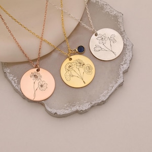 Family Birthflower Bouquet Disc Necklace, Engraved Birth Flower Pendant, Mothers day Gift, Family Birthflower with Birthstone Necklace