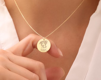Custom Pet Portrait Name Necklace, Pet Memorial Gift for Lover Gift Dog Photo Necklace Gift for Her Engraved Cat Picture Necklace