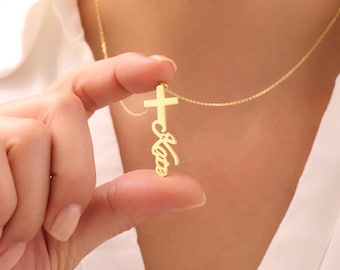 Cross Name Necklace, Personalized Cross Necklace with Name, Christian Gifts, Name Cross Necklace, Mothers day gift, 14K Gold Cross Necklace