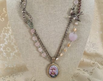 Charming Pink Rose Necklace, Assemblage of Vintage and Gemstones, Charm Necklace