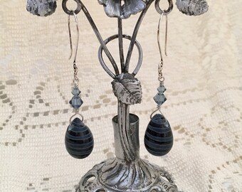 Etched Onyx and Swarovski Crystal Drop Earrings