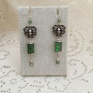 Green Abalone and Swarovski Crystal with Silver Moth Dangle Earrings, Moth Earrings, Abalone Earrings