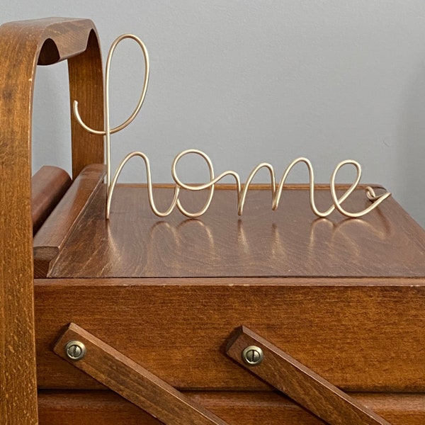 Unique 4” tall Gold wire home sign,  Gold home shelf decor, Metal home sign