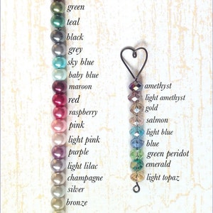 A bead color chart shows 2 styles of 6mm beads, faux pearls in 19 color options and faceted glass crystals in 9 colors choices.