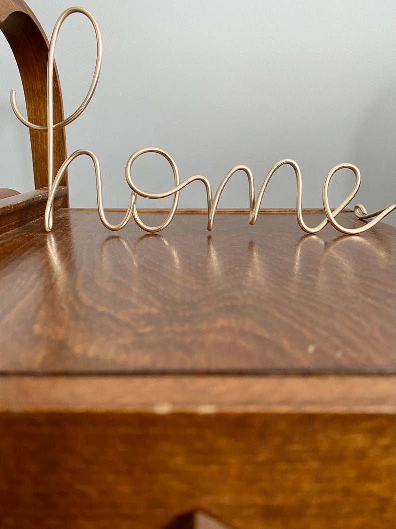 Unique 4 tall Gold wire home sign, Gold home shelf decor, Metal home sign image 3