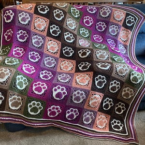 Cat and Dog Paw Print Granny Square Afghan Blanket Crochet Pattern