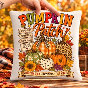 May include: A square decorative pillow featuring the text PUMPKIN Patch, PUMPKINS, HAYRIDES, CORN MAZE, SWEATER WEATHER, PUMPKIN SPICE, HAY RIDES, FALL VIBES. The design includes colorful pumpkins with plaid, leopard, and floral patterns.