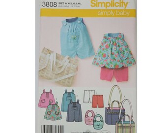 Simplicity 3808 Sewing Pattern Baby Top Romper Bib Diaper Bag Knit Shorts XXS-L