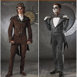 May include: Simplicity 1039 sewing pattern featuring two costume designs. Design A is a brown coat with a high collar, buckles, and a chain. Design B is a grey pinstriped tailcoat with a bat-shaped bow tie. Both outfits include trousers.