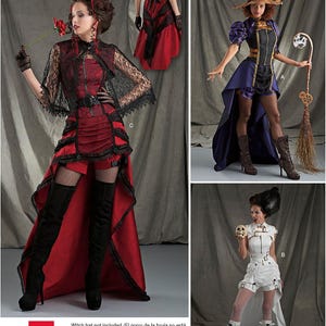 May include: Simplicity 8719 sewing pattern envelope featuring three costume variations. View C shows a red and black dress with lace sleeves. View A displays a purple and black outfit with a witch hat. View B shows a white outfit with a skull prop.