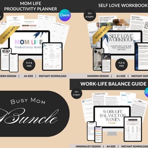 May include: A digital product bundle featuring a productivity planner, self-love workbook, and work-life balance guide. The image displays mockups of a computer, tablet, and phone with the product designs. The bundle includes a bonus gift and is available for instant download.