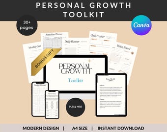 May include: A digital product mockup featuring a computer screen displaying a personal growth toolkit with a blue and white logo. The toolkit includes a variety of printable planners and worksheets, such as a budget planner, daily planner, goal tracker, vision board, and more. The image also includes a bonus gift and the text "PLR & MRR".