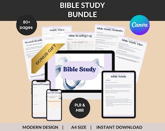 May include: A digital product bundle for Bible study, featuring a variety of printable worksheets and templates. The bundle includes a weekly reading log, study notes, journal prompts, and more. The image also shows a bonus gift and the text "Bible Study Bundle".