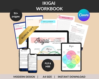 May include: A digital product mockup featuring a workbook with the title "Ikigai Workbook" and the text "50+ pages". The workbook is shown on a laptop, tablet, and two smartphones. The image also includes the text "Bonus Gift", "PLR & MRR", "Modern Design", "A4 Size", and "Instant Download".