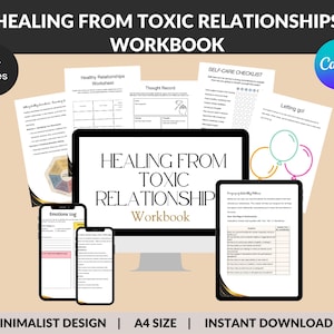 Puede incluir: Un libro de trabajo digital descargable titulado "Healing from Toxic Relationships Workbook" con un diseño minimalista. El libro de trabajo tiene más de 50 páginas e incluye hojas de trabajo, listas de verificación y otras herramientas para ayudarte a sanar de las relaciones tóxicas. El libro de trabajo está disponible en tamaño A4.