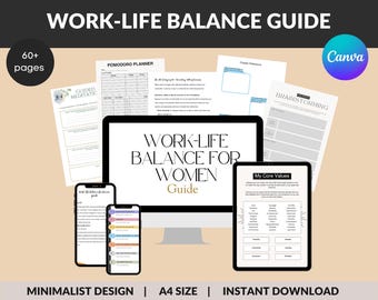 Puede incluir: Una guía de descarga digital para el equilibrio entre la vida laboral y personal con un diseño minimalista. La guía incluye un planificador Pomodoro, meditación guiada, lluvia de ideas y hojas de trabajo sobre valores fundamentales. La guía está disponible en tamaño A4 e incluye más de 60 páginas.
