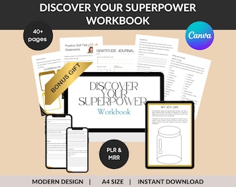May include: A digital product mockup featuring a workbook titled "Discover Your Superpower Workbook" with a gold bonus gift label. The workbook is shown on a computer screen, a tablet, and two smartphones. The workbook includes a gratitude journal, positive self-talk statements, and a confidence drill. The text "PLR & MRR" is also visible. The background is a light peach color.