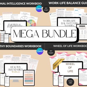 May include: A digital product bundle featuring workbooks on emotional intelligence, healthy boundaries, work-life balance, and a wheel of life. The bundle includes over 100 pages of printable worksheets and guides.
