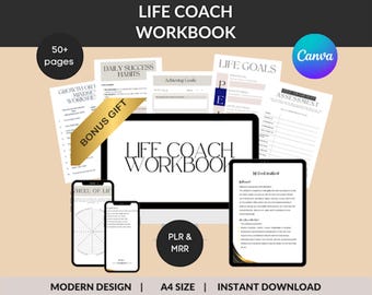 May include: A digital product mockup featuring a life coach workbook with a modern design. The workbook is shown on a computer screen, a tablet, and a smartphone. The workbook includes 50+ pages and a bonus gift. The text "LIFE COACH WORKBOOK" is displayed in bold black letters on a white background. The text "PLR & MRR" is displayed in black letters on a white background. The text "MODERN DESIGN | A4 SIZE | INSTANT DOWNLOAD" is displayed in black letters on a white background.