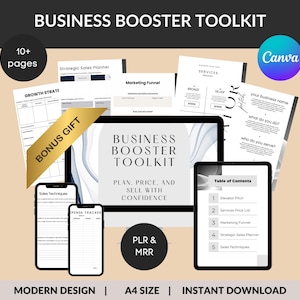 May include: A digital marketing toolkit with a modern design. The toolkit includes a table of contents, sales techniques, a marketing funnel, a strategic sales planner, and a price tracker. The toolkit is available for instant download in A4 size.