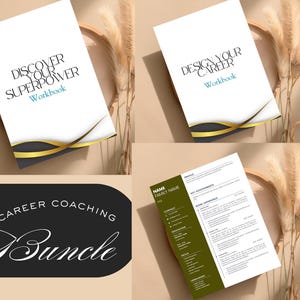 May include: A black and white logo with the text "Career Coaching Bundle" in a white cursive font. The logo is surrounded by a black circle with a white outline.