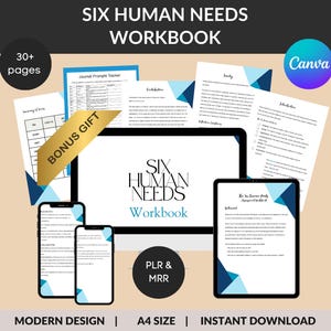 Może przedstawiać: Mockup produktu cyfrowego przedstawiający zeszyt ćwiczeń zatytułowany "Six Human Needs Workbook". Zeszyt ćwiczeń jest wyświetlany na ekranie komputera, tablecie i smartfonie. Zeszyt ćwiczeń jest zaprojektowany w nowoczesnej kolorystyce niebiesko-białej. Tekst "PLR & MRR" jest również widoczny na makiecie. Tekst "30+ stron", "Bonus Gift", "Modern Design", "A4 Size" i "Instant Download" jest również widoczny na makiecie.