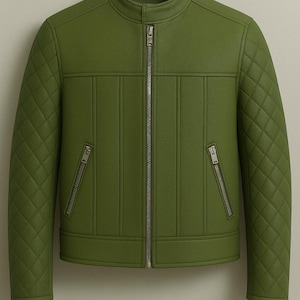 Men's Green Leather Jacket-Handcrafted Leather Jacket for Men-Quilted Men's Leather Jacket-Biker Fit Leather Coat For Men-Men's Stylish Wear