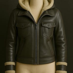 Women&#39;s Grey Hooded Bomber Leather Jacket-Handmade Genuine Leather Jacket For Women-Women&#39;s Flight Leather Coat-Women&#39;s Real Leather Outfit