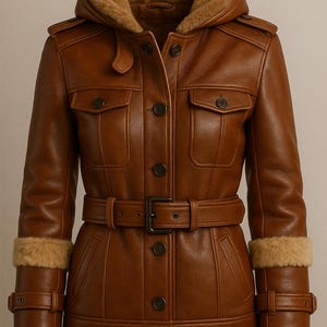 Women&#39;s Brown Hooded Bomber Leather Jacket-Women&#39;s Vintage Premium Fur Leather Coat-Women&#39;s Flying Aviator Leather Jacket-Women&#39;s Outfit