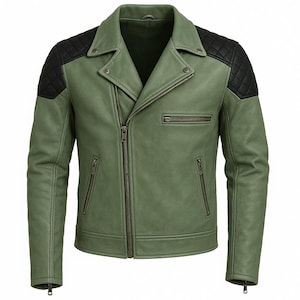Men&#39;s Green Leather Jacket-Slim Fit Biker Leather Jacket For Men-Men&#39;s Custom Handmade Genuine Sheepskin Leather Jacket-Men&#39;s Leather Coat