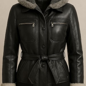 Women&#39;s Black Hooded Bomber Leather Jacket-Women&#39;s Classic Style Winter Leather Coat-Women&#39;s Shearling Leather Jacket-Luxury Gift For Her
