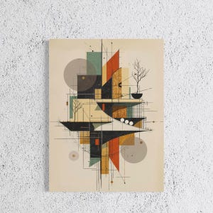 May include: Abstract architectural art print featuring geometric shapes in orange, teal, and beige. The artwork includes lines, circles, and rectangular forms, with a mid-century modern aesthetic. A minimalist design with a neutral color palette.