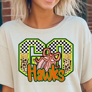 Go Hawks Football Neon Checkered Leopard PNG, Hawks Coquette Football Digital Art, Neon Hawks Football Checkered Digital Art