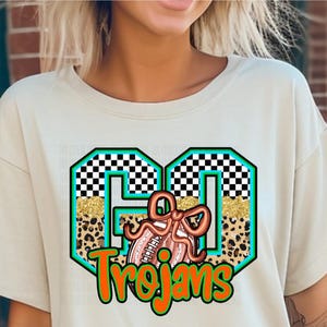 Go Trojans Football Neon Checkered Leopard PNG, Trojans Coquette Football Digital Art, Neon Trojans Football Checkered Digital Art