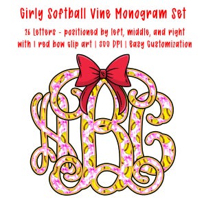 Peut inclure: Un motif de monogramme Girly Softball Vine avec les lettres "HRG" dans un motif floral et de softball. Le motif comprend un nœud rouge et le texte "26 lettres - positionnées à gauche, au milieu et à droite avec 1 clip art de nœud rouge | 300 DPI | Personnalisation facile."