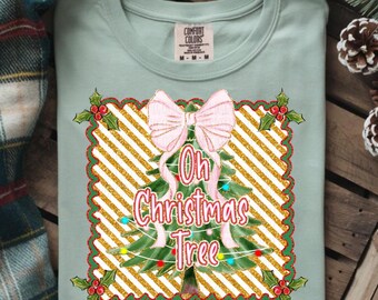 Oh Christmas Tree Glittery PNG: Christmas Tree Coquette PNG Design, Scallop Framed Christmas Tree, Festive Holiday Png file