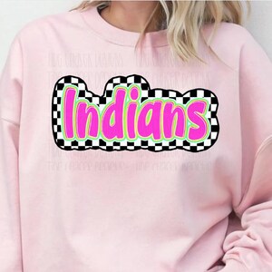 Checkered Indians Glow Font Png, Neon Indians Mascot Digital Download, Neon Preppy Sports Mascot PNG