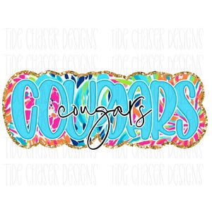 Preppy Cougars Faux Glitter Glow Font Png, Preppy Football Cougars Mascot Digital Download, Sports Mascot PNG